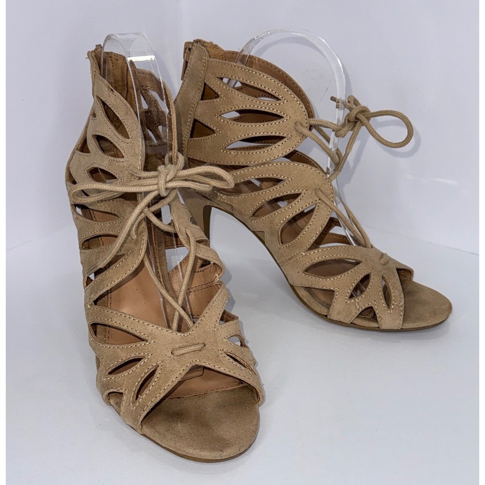 Christian Siriano Stiletto Heel Sandals 8 Tan Caged Lace Up Laser Cut Boho Chic - Picture 8 of 12